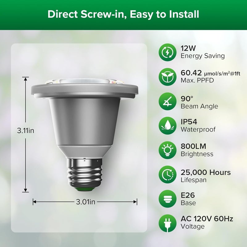 Sansi مصباح نمو LED بقوة 60 واط، مصباح نباتات كامل الطيف BR20 12 واط قاعدة E26، عمر افتراضي 25,000 ساعة، مصباح نمو مقاوم للماء IP54 للنباتات الداخلية والخارجية - Image 2